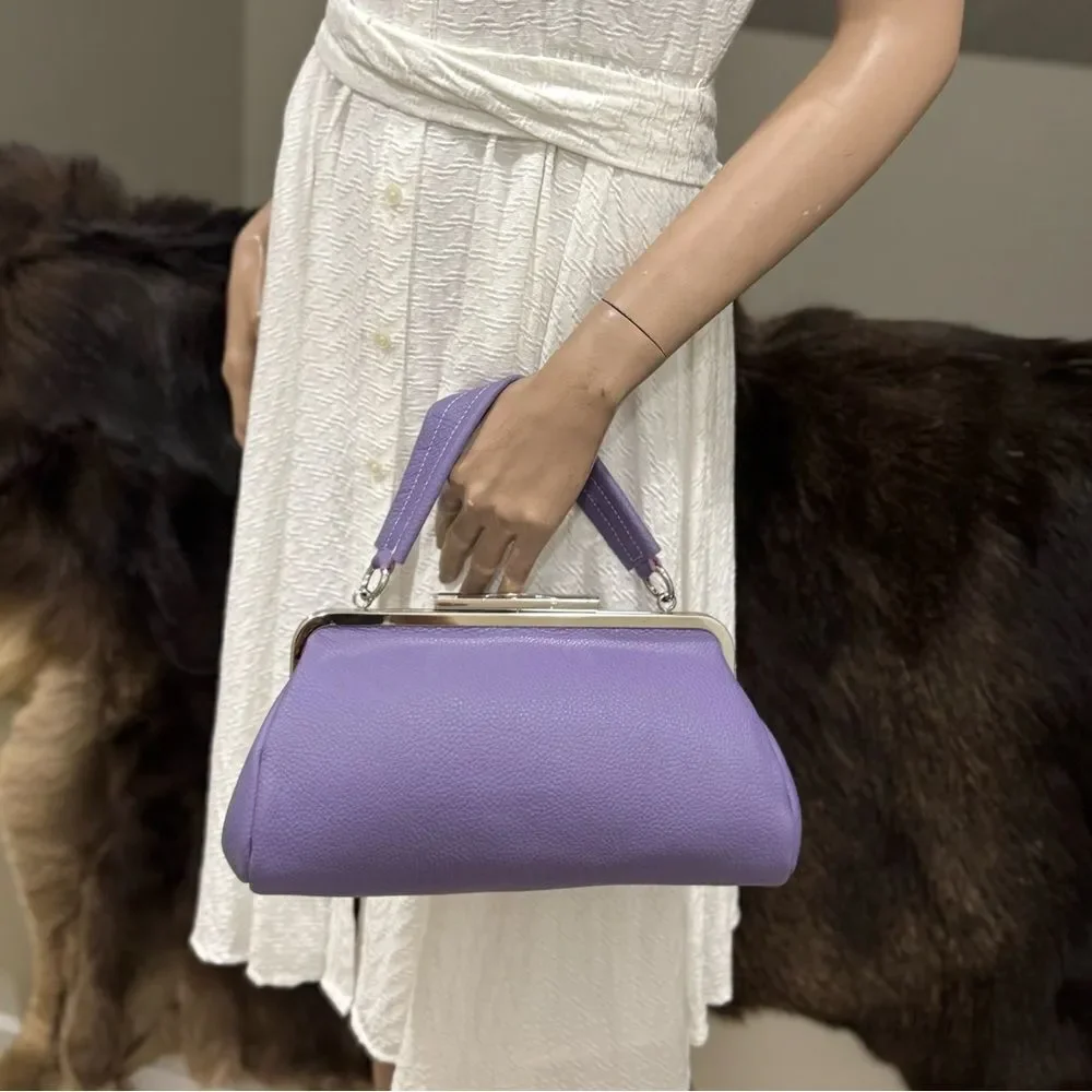 Purple Pebble Calfskin Leather Handmade Push Lock Baguette Bag, Multi Use Style